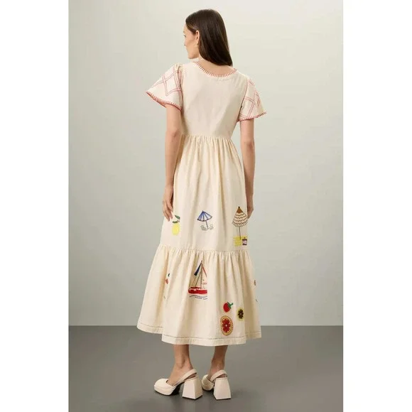 Hunter Bell Embroidered Midi Dress Cream Fruit Sailboat Beach Scene Size 0